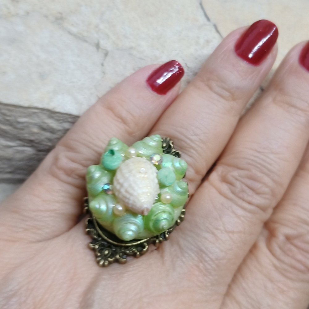 Vintage shell and AB crystal Ring Adjustable repurposed